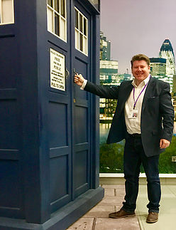 Dean Russell at the BBC with the TARDIS from Doctor Who