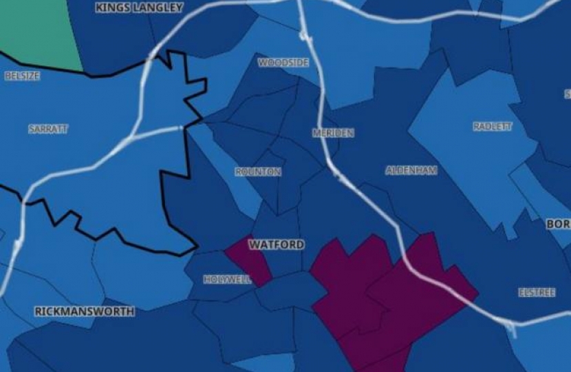 The latest Covid hotspots in and around Watford. The The darker the colour, the more cases there are. Credit: UK Government Covid dashboard
