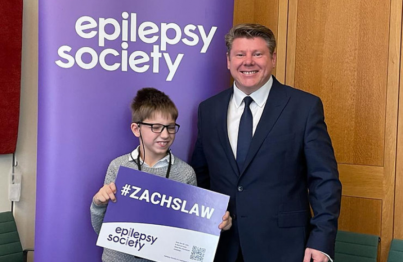 Dean Russell MP with Zach promoting Zach's Law with the Epilepsy Society