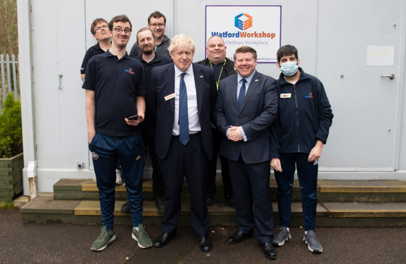 Dean Russell with Prime Minister Boris Johnson at Watford Workshop